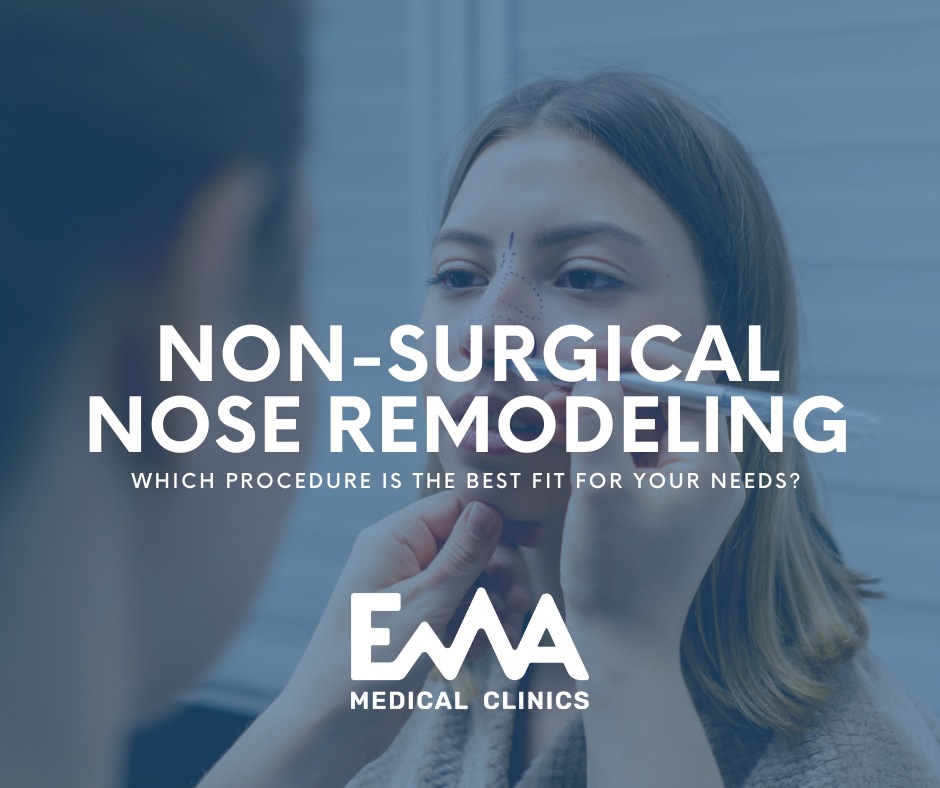 Woman with facial markings looking into a mirror, being assessed for non-surgical nose remodeling, with text overlay: 'Non-Surgical Nose Remodeling – Which procedure is the best fit for your needs? – EMA Medical Clinics