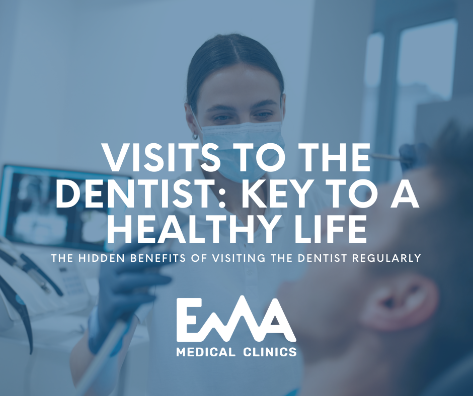 Dentist wearing a mask examining a patient in a modern dental clinic, with text overlay: 'Visits to the Dentist: Key to a Healthy Life – The Hidden Benefits of Visiting the Dentist Regularly – EMA Medical Clinics