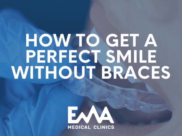 A person inserting a clear dental aligner into their mouth, demonstrating how to achieve a perfect smile without traditional braces. Text overlay reads "How to Get a Perfect Smile Without Braces" from EMA Medical Clinics.