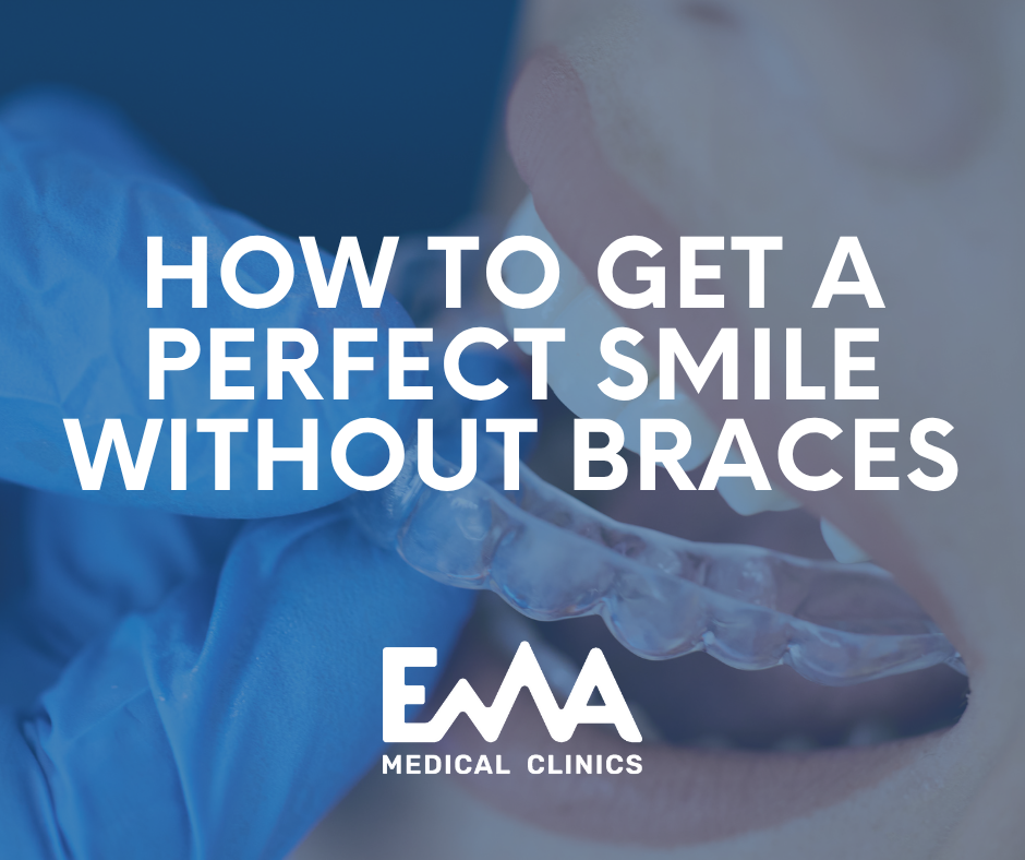 A person inserting a clear dental aligner into their mouth, demonstrating how to achieve a perfect smile without traditional braces. Text overlay reads "How to Get a Perfect Smile Without Braces" from EMA Medical Clinics.