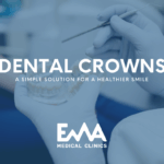 A dentist holding a dental crown model with tools, illustrating the concept of dental crowns as a simple solution for a healthier smile. Image branded with EMA Medical Clinics.