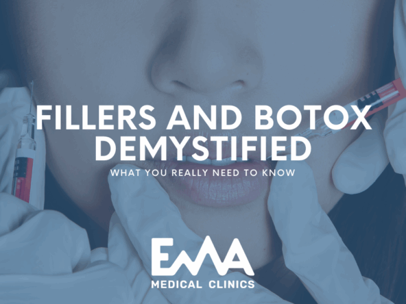 Close-up of a woman's lower face receiving injectable treatments with gloved hands holding syringes. Text overlay reads ‘Fillers and Botox Demystified – What You Really Need to Know’ from EMA Medical Clinics