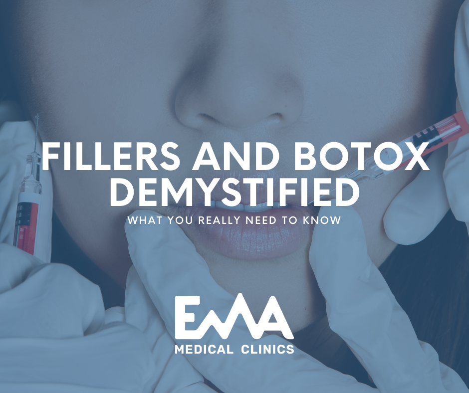 Close-up of a woman's lower face receiving injectable treatments with gloved hands holding syringes. Text overlay reads ‘Fillers and Botox Demystified – What You Really Need to Know’ from EMA Medical Clinics