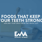 A block of cheese, a jar of honey with a dipper, a cup of milk, and scattered walnuts on a wooden board, promoting healthy foods that strengthen teeth. Text overlay reads: 'Foods That Keep Your Teeth Strong – Healing Your Smile From the Inside Out' by EMA Medical Clinics.