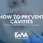 Close-up of a dental checkup with tools near a patient’s mouth, illustrating a blog about how to prevent cavities. Text overlay reads "How to Prevent Cavities – A Simple Guide to Protecting Your Smile" from EMA Medical Clinics.
