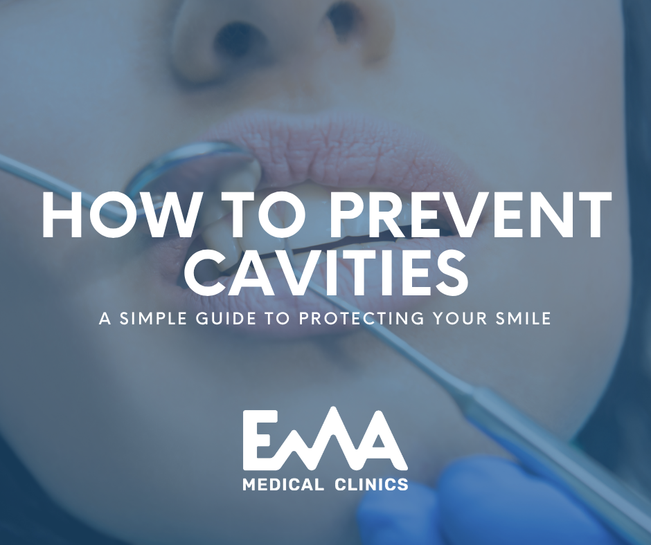 Close-up of a dental checkup with tools near a patient’s mouth, illustrating a blog about how to prevent cavities. Text overlay reads "How to Prevent Cavities – A Simple Guide to Protecting Your Smile" from EMA Medical Clinics.